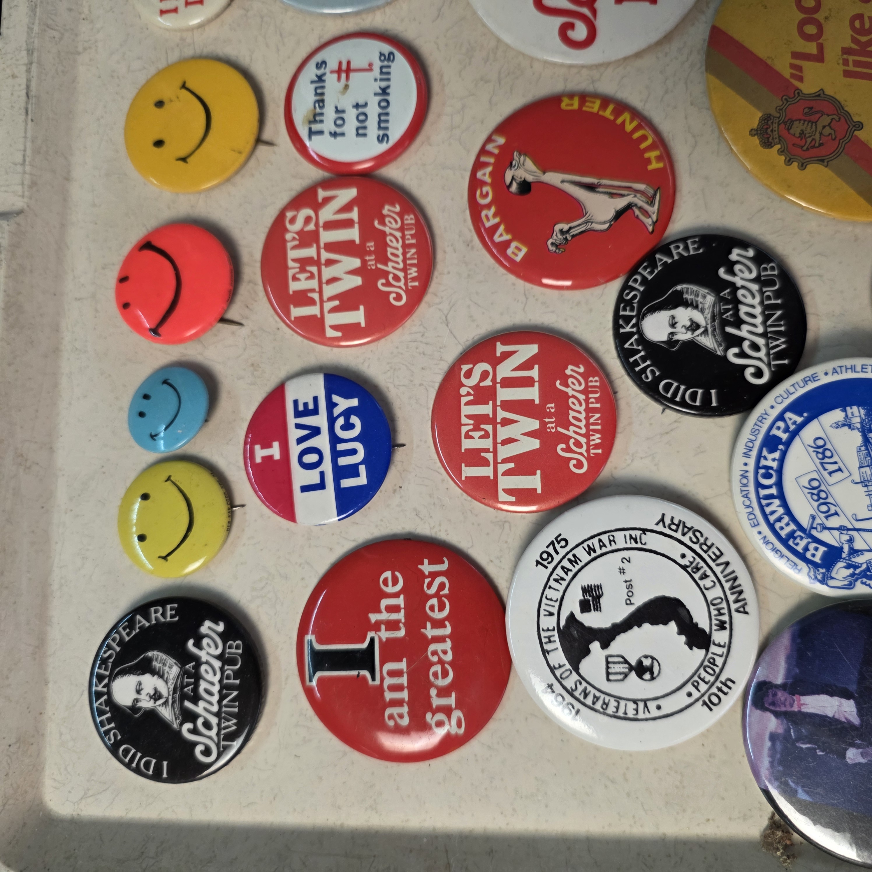 Vintage Pinback Button Lot โ Schaefer Twin Pub, I Love Lucy, PA Towns & More โ photo 2