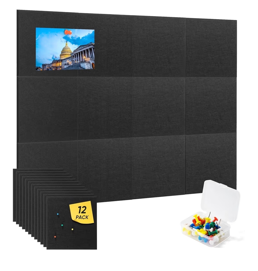 Large Cork Board for Wall 47"x35", 12 Pack Bulletin Board, Felt Wall Tiles with Adhesive Tabs and Push Pins, Push Pin Board for Office, School, Home, Black