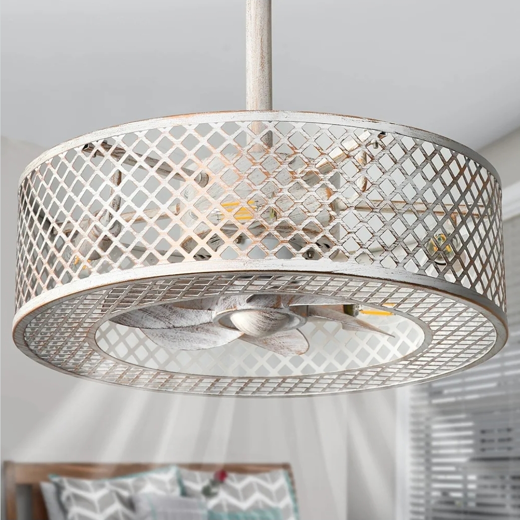 Caged Ceiling Fans with Lights, White Industrial Ceiling Fan with Light and Remote, Farmhouse Ceiling Fan Light for Living Room, Bedroom, Kitchen (Modern Minimalist W)